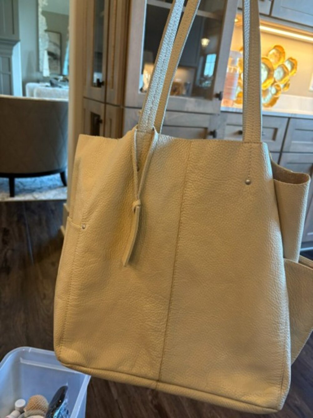 American Eagle Italian Leather Pebbled Tote Bag Beige Cream Made in Italy - Picture 2 of 6